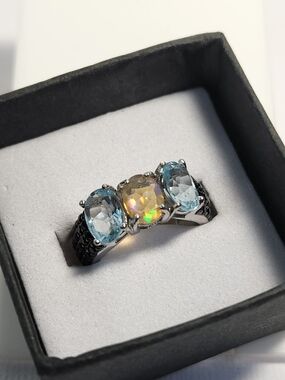 NIB VTG 925 Three-Stone Blue Topaz Natural Ethiopian Opal Spinel Ring Sz 4-4.5